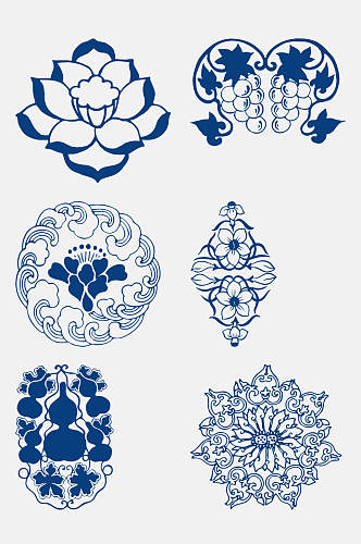 古代花朵青花瓷图案花纹免抠元素