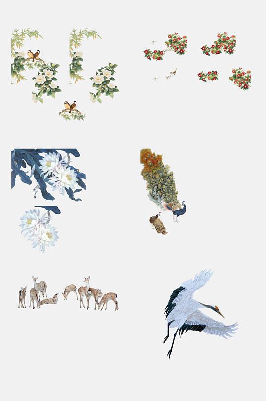 中国古风麋鹿仙鹤花卉植物免抠元素