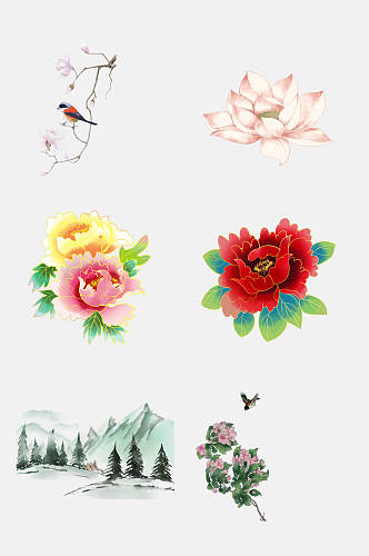 中国古风山水花朵花卉植物免抠元素
