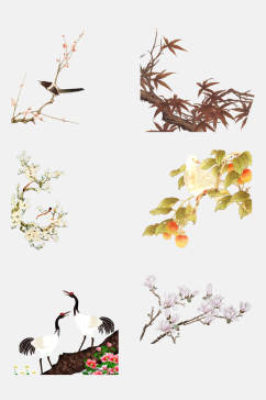 创意中国古风仙鹤花卉植物免抠元素