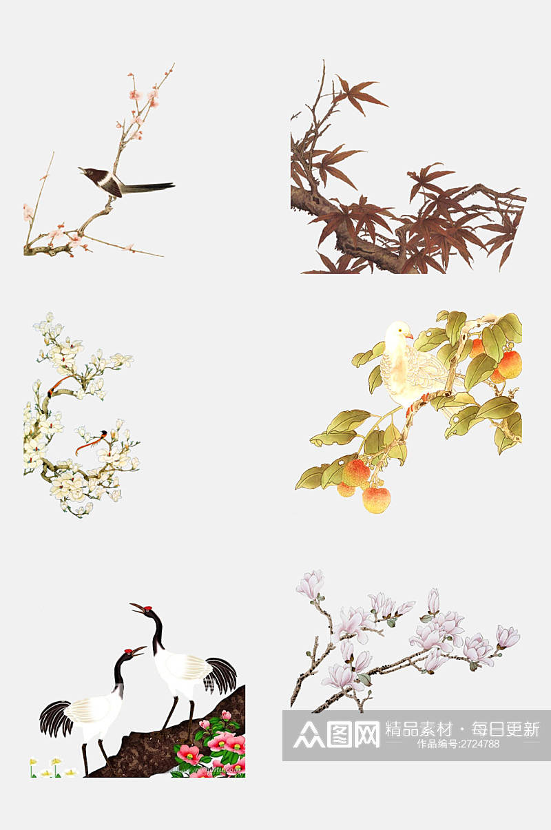 创意中国古风仙鹤花卉植物免抠元素素材