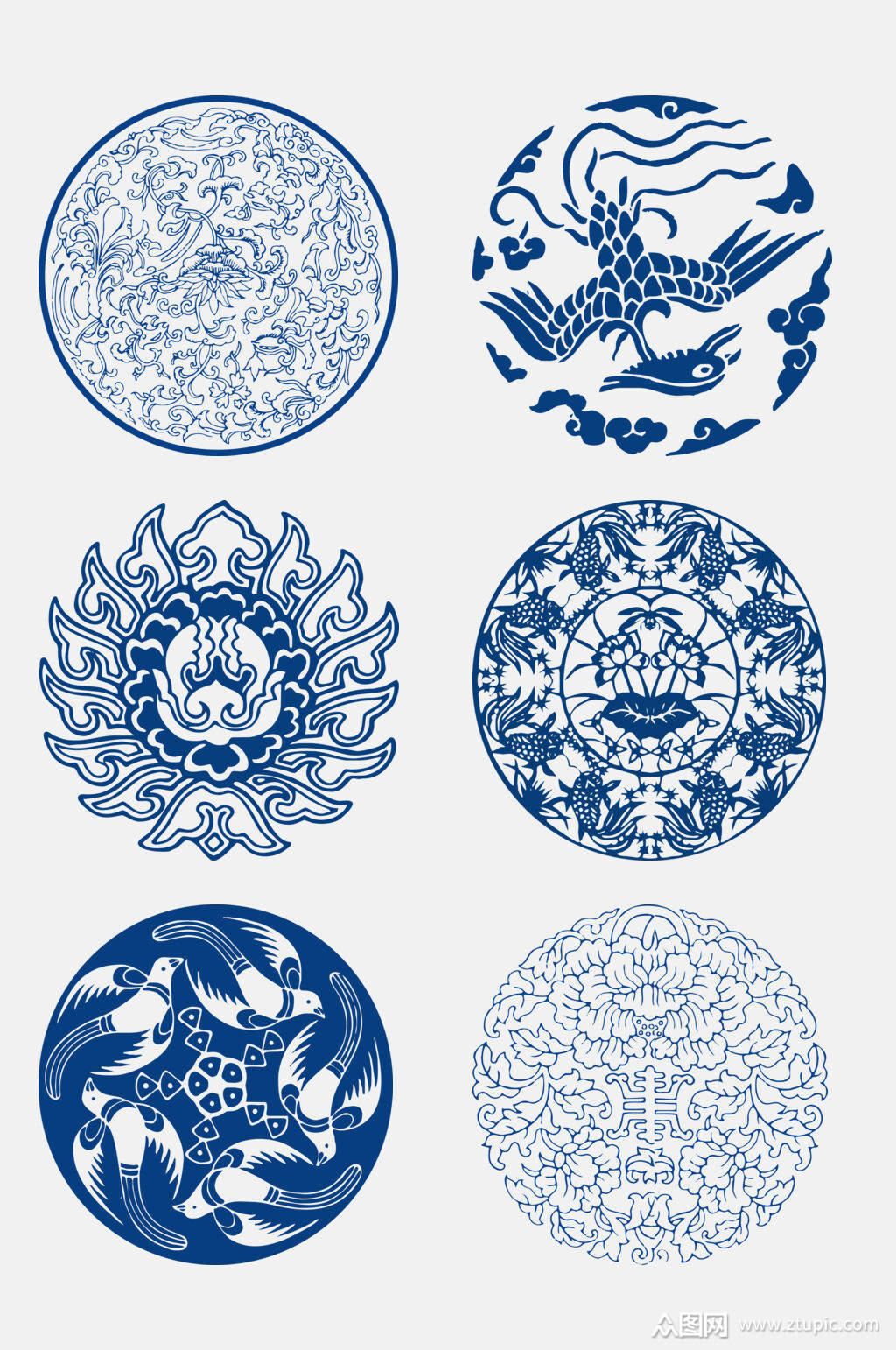 中式唯美古代蓝色青花瓷图案花纹免抠元素