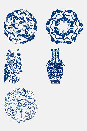 古代青花瓷图案花纹免抠设计元素