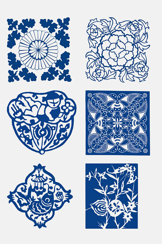 古代青花瓷图案花纹免抠元素