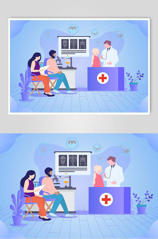 时尚蓝色医疗医院插画场景矢量素材