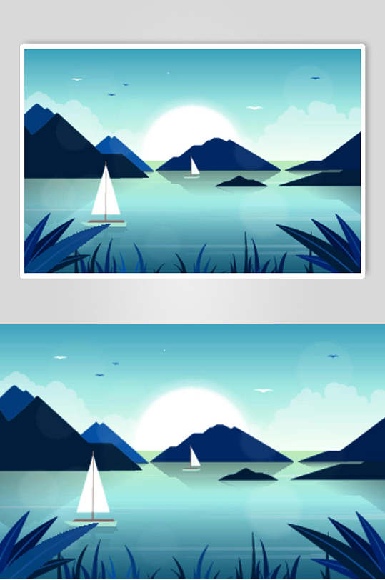 蓝色手绘高端大气创意简约风景插画