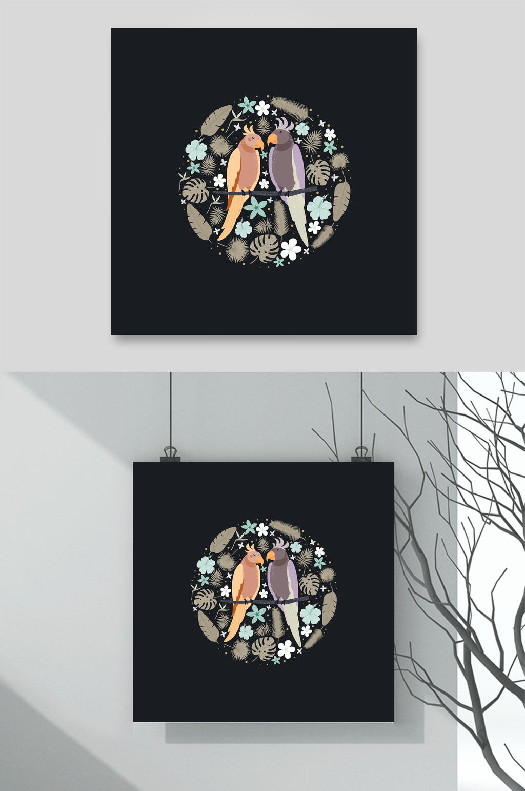 花鸟花环卡通设计素材素材