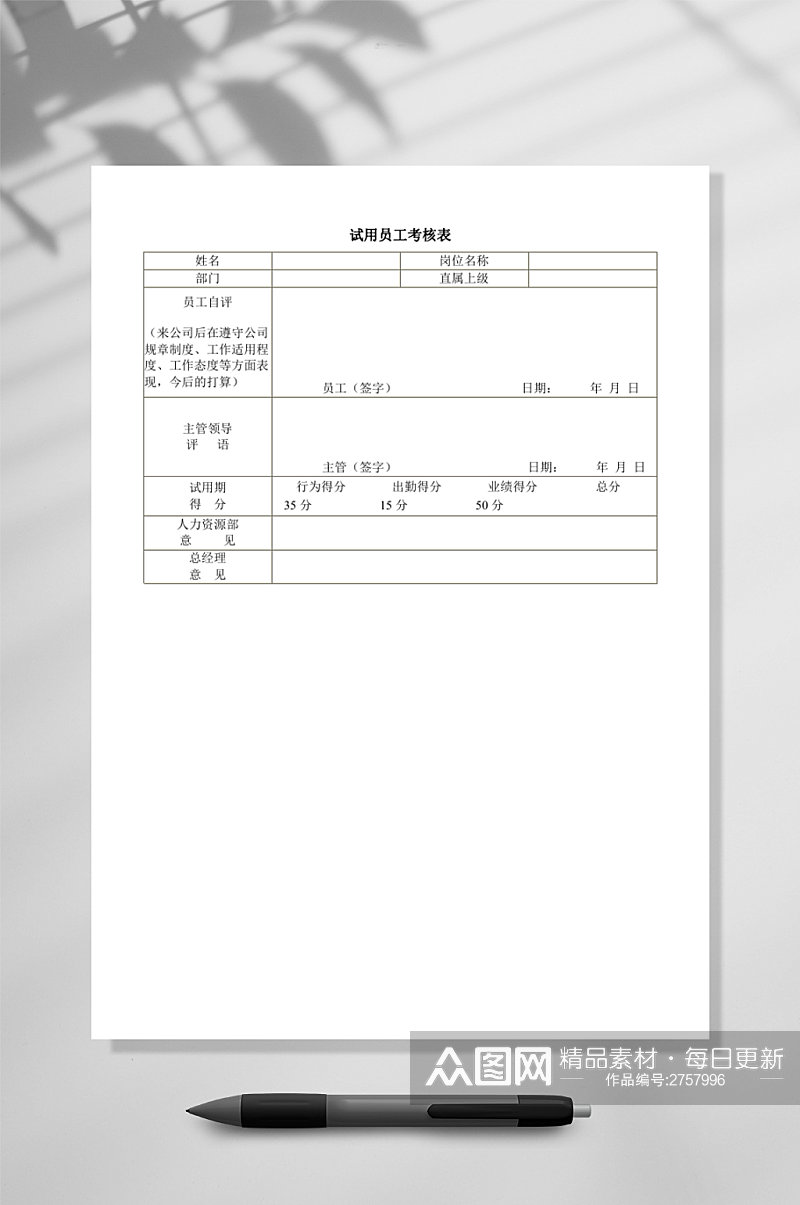 试用员工考核表WORD素材