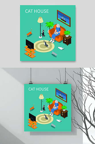 猫咖卡通商务办公生活场景素材