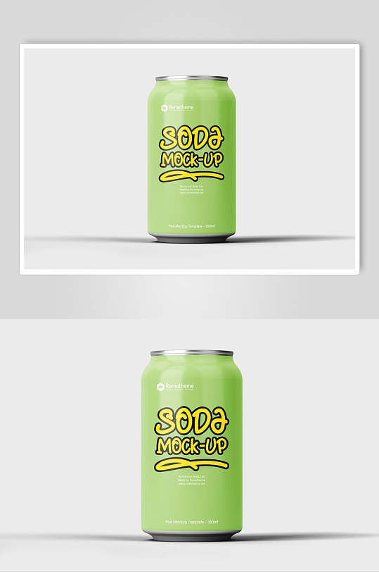 瓶子绿黄创意风易拉罐饮料包装样机