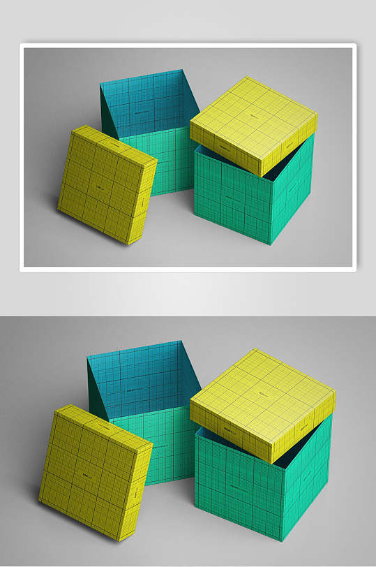 方格立体方块高端黄方形包装盒样机