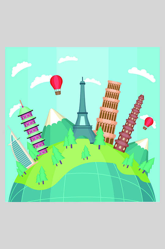 时尚绿色清新世界著名景点矢量插画