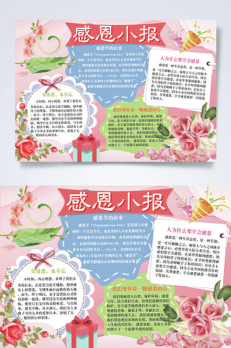 粉色花卉感恩节横版小报