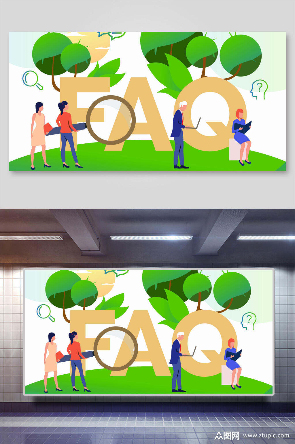 英文人物插画办公生活场景背景素材