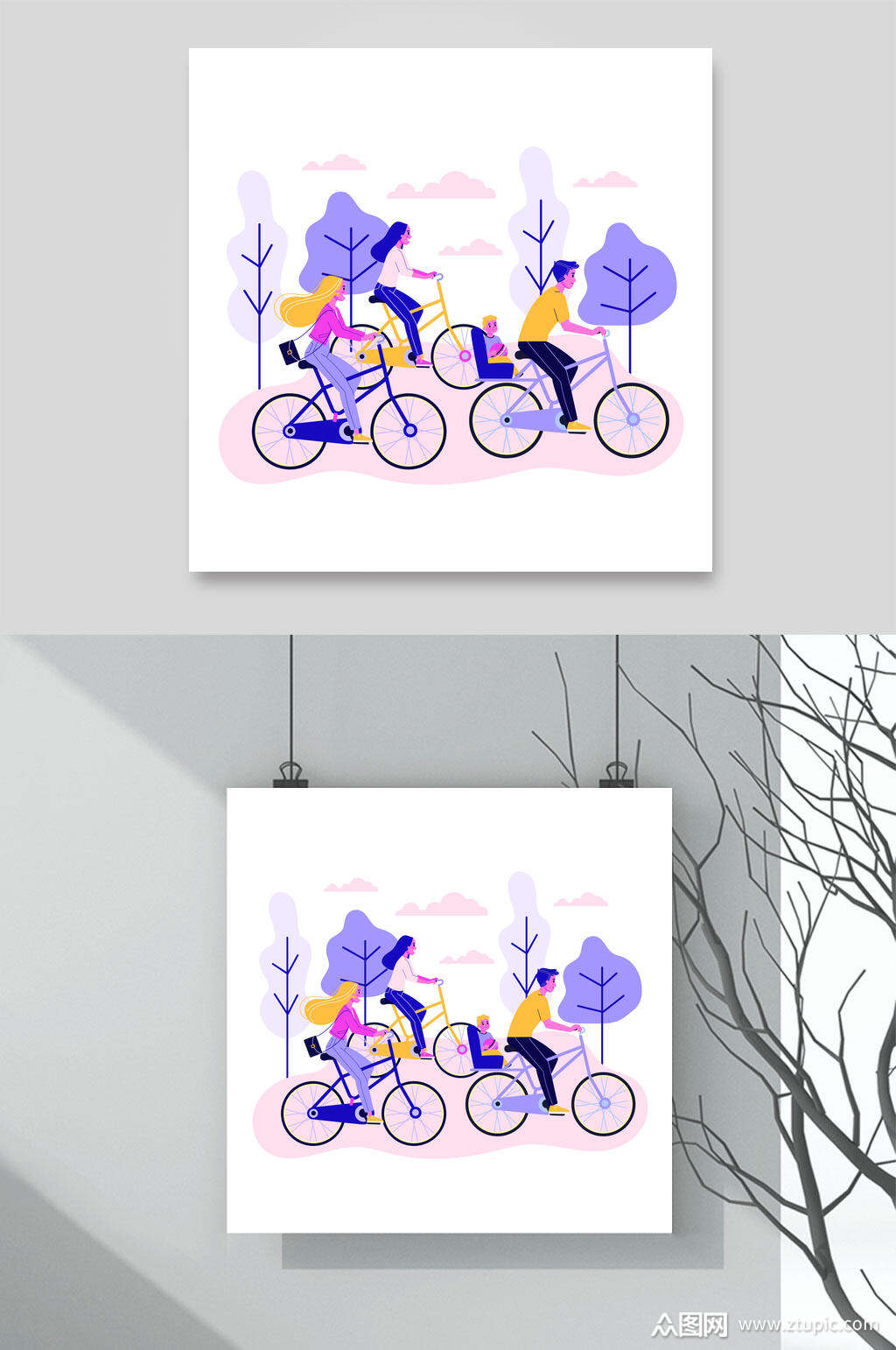 时尚单车插画办公生活场景背景素材素材