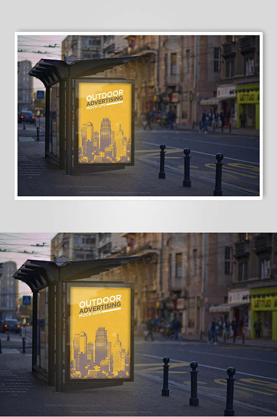 公交站复古黄色灯箱户外街道海报广告样机