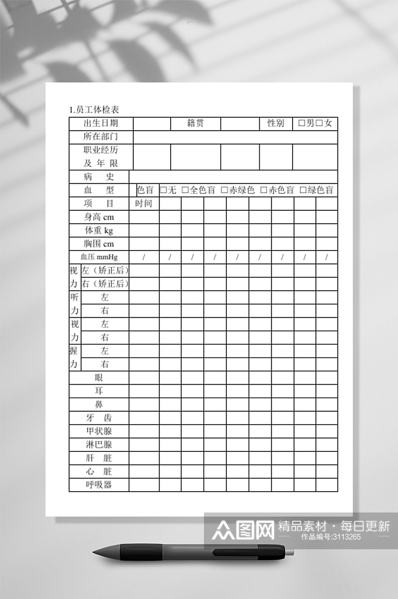 员工体检表格素材