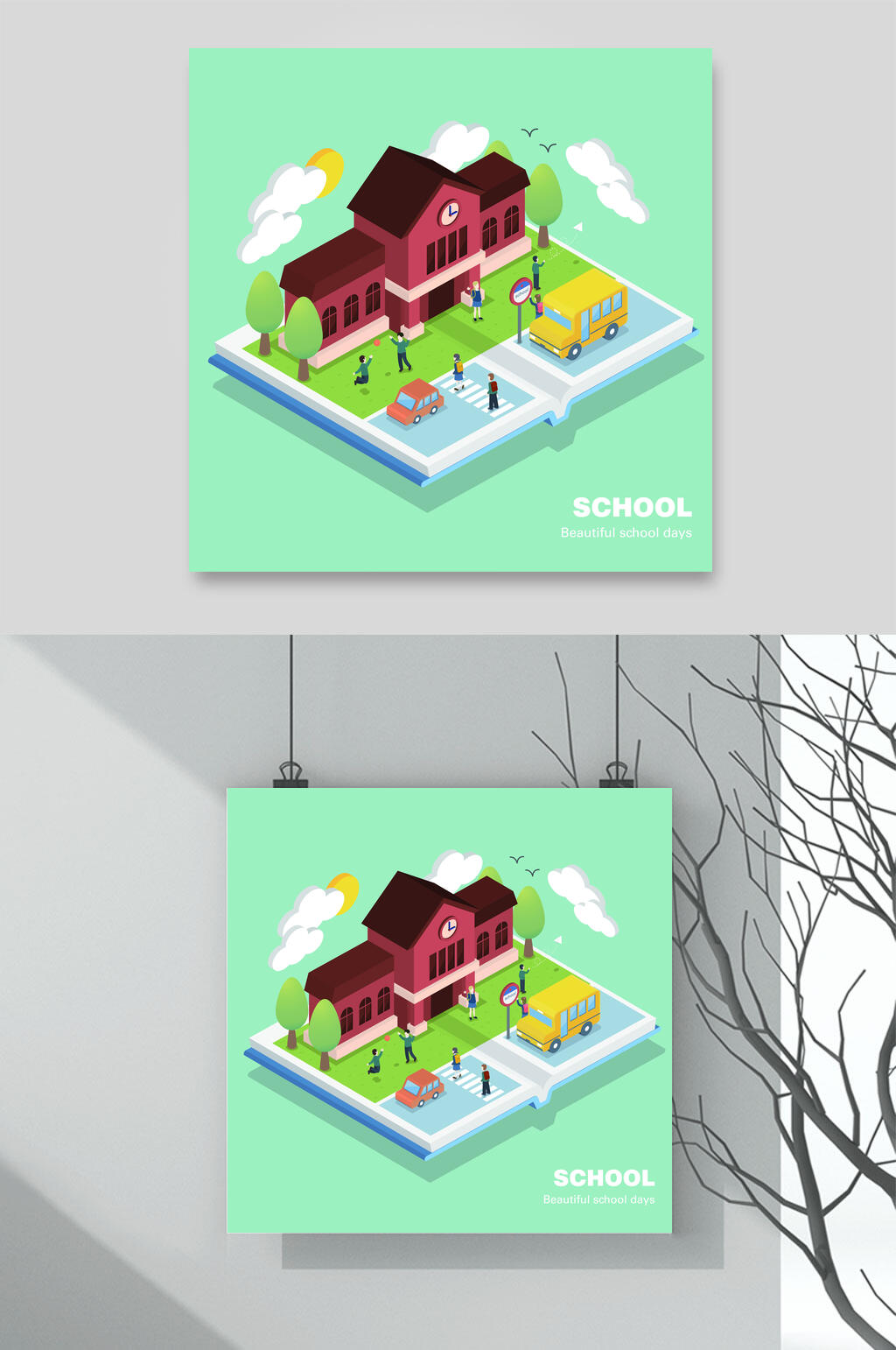 小清新学校卡通商务办公生活场景素材素材