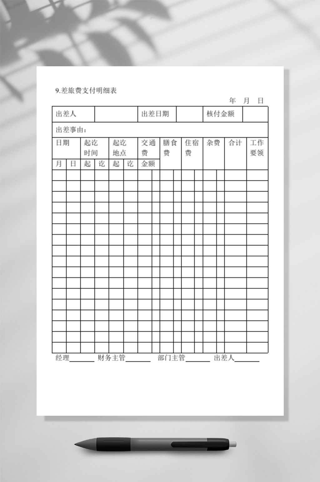 差旅费支付明细表格素材