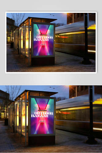 紫色炫彩户外灯箱广告牌海报样机