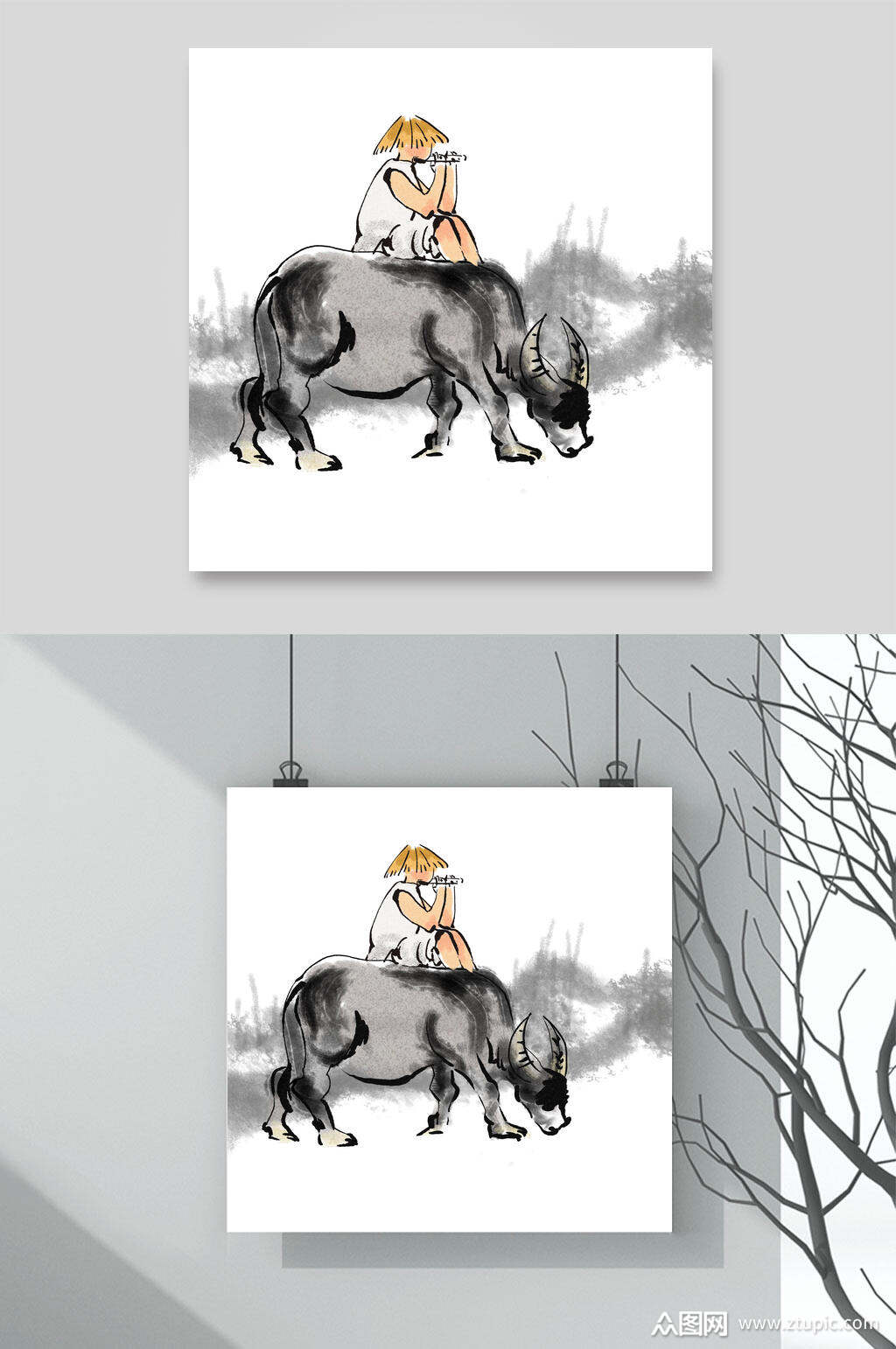 古风水墨牧童素材