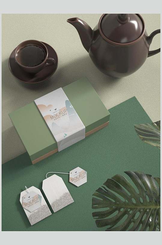 绿色叶子茶壶茶叶品牌VI包装样机