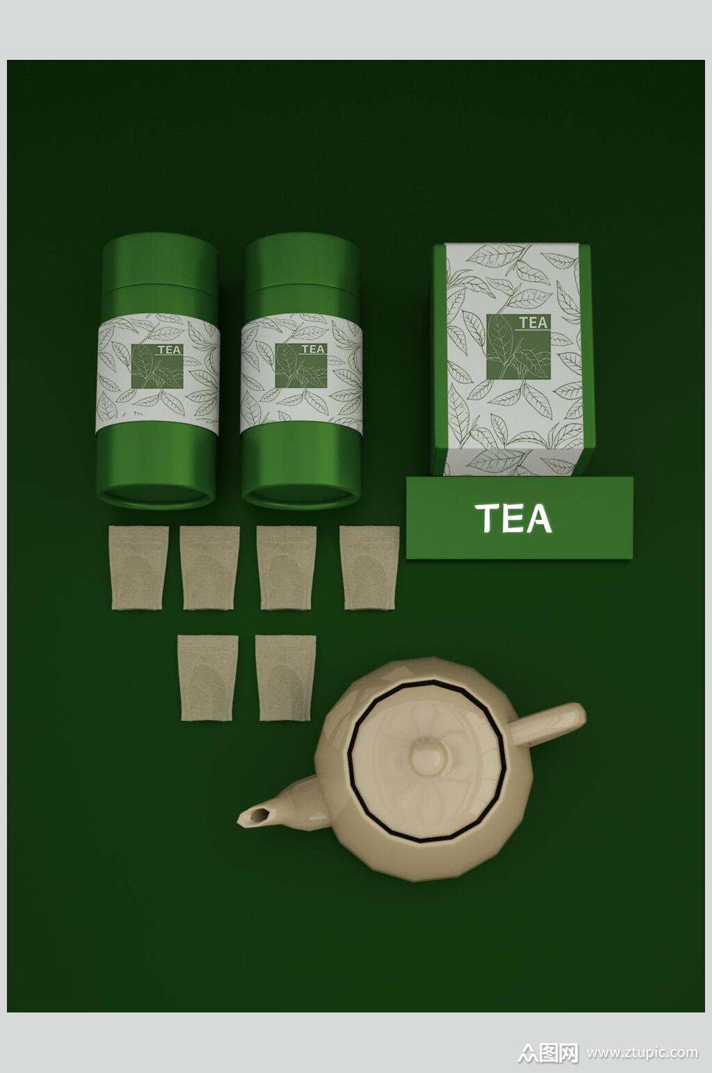 绿色背景茶叶品牌vi包装样机素材