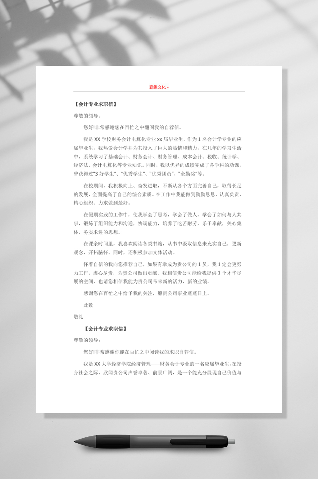 会计专业自荐信范文竖版WORD素材