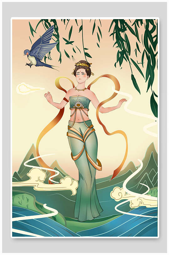 唯美高端手绘敦煌壁画飞天插画海报