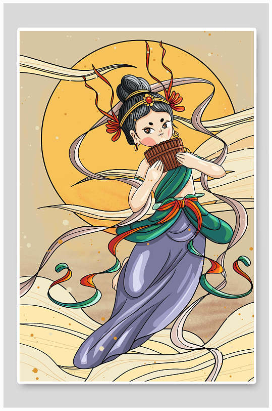 黄色高端手绘敦煌壁画飞天插画海报