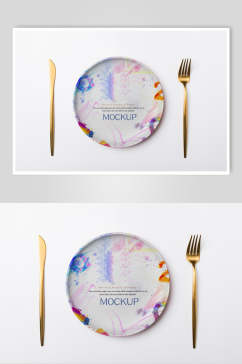 刀叉盘子水墨手绘创意大气餐具样机