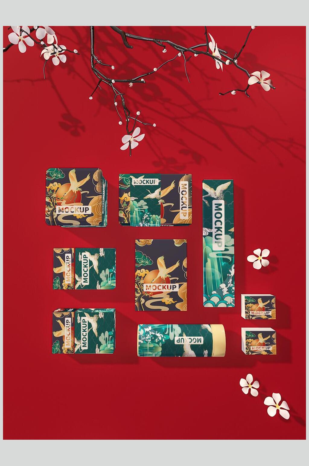 时尚花朵红绿仙鹤清新国潮文创样机素材