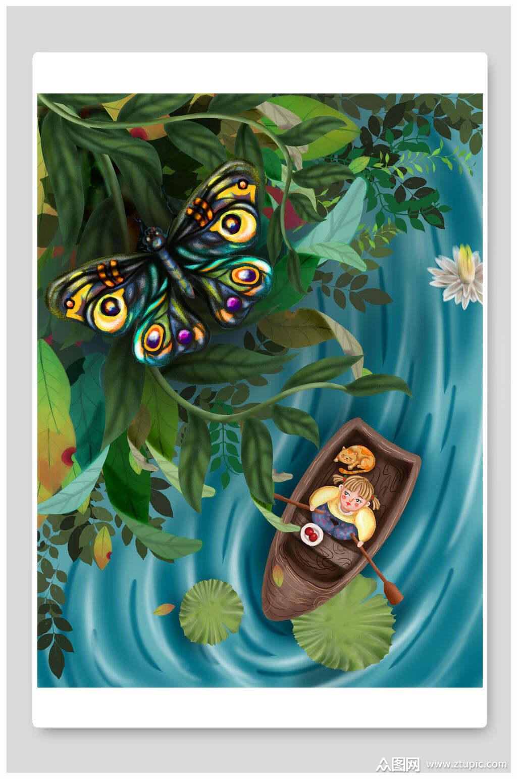 蓝绿高端手绘大气时尚清新春分插画