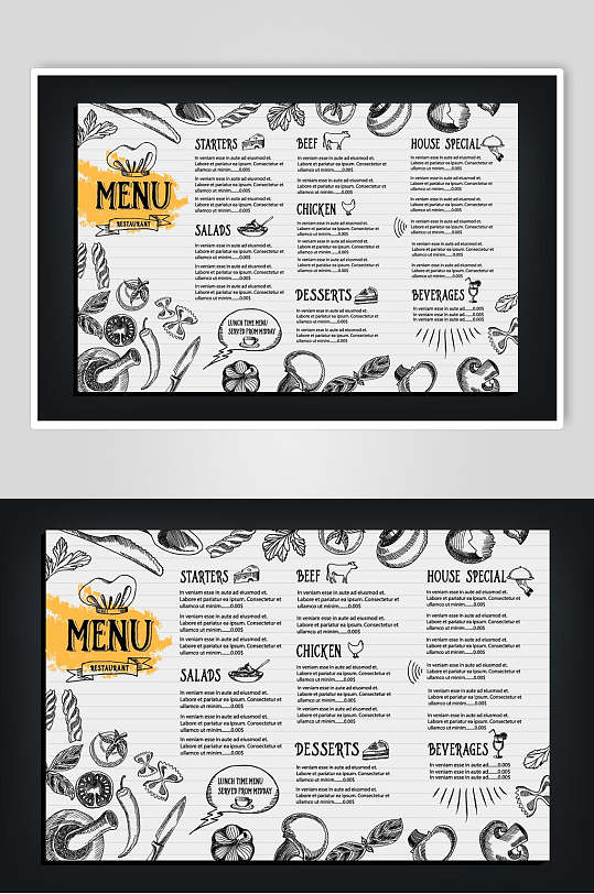 高档西餐厅英文菜单矢量素材