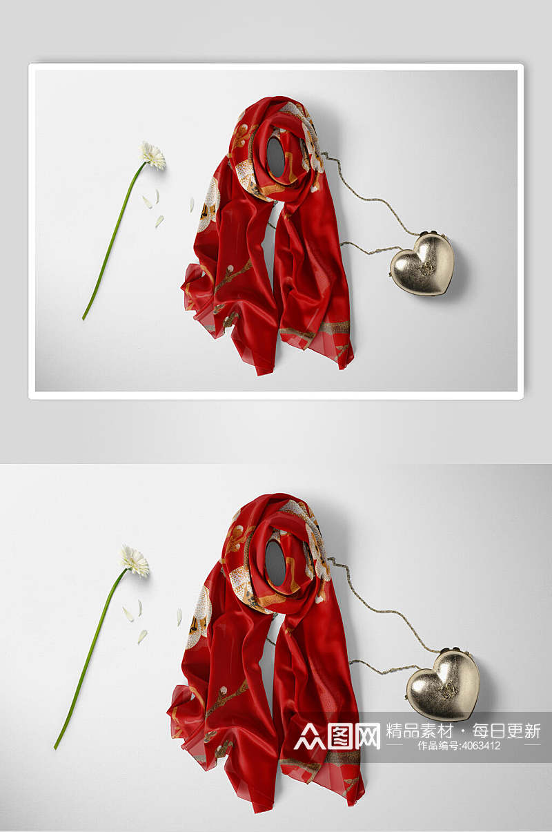 花朵爱心吊坠红色丝巾丝绸布料样机素材