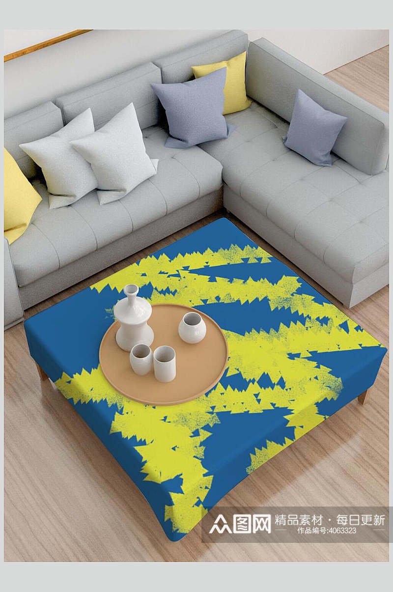 时尚蓝黄沙发清新创意大气桌布样机素材