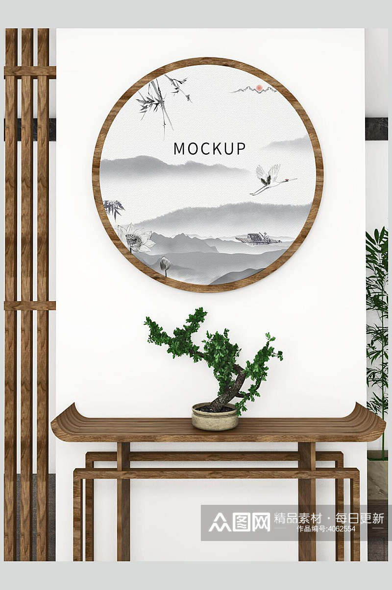 植物仙鹤大气中式家具装饰画样机素材