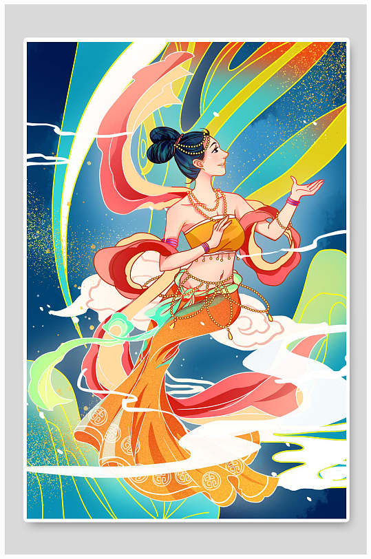 彩色高端手绘敦煌壁画飞天插画海报