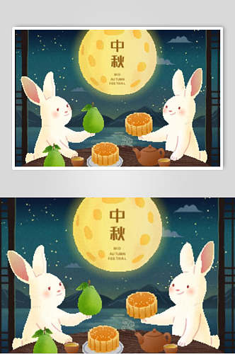 清新创意玉兔中秋节插画