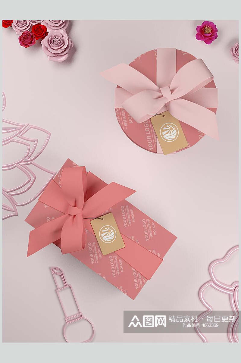 粉色蝴蝶结创意大气礼盒展示VI样机素材
