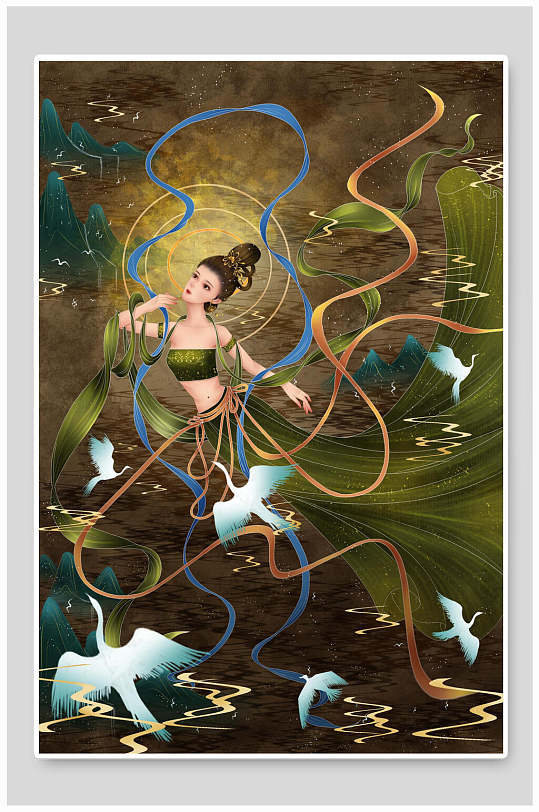 黄绿高端手绘敦煌壁画飞天插画海报