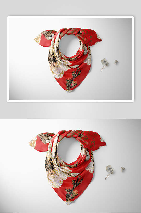 时尚简约红黄花朵丝巾丝绸布料样机-众图网