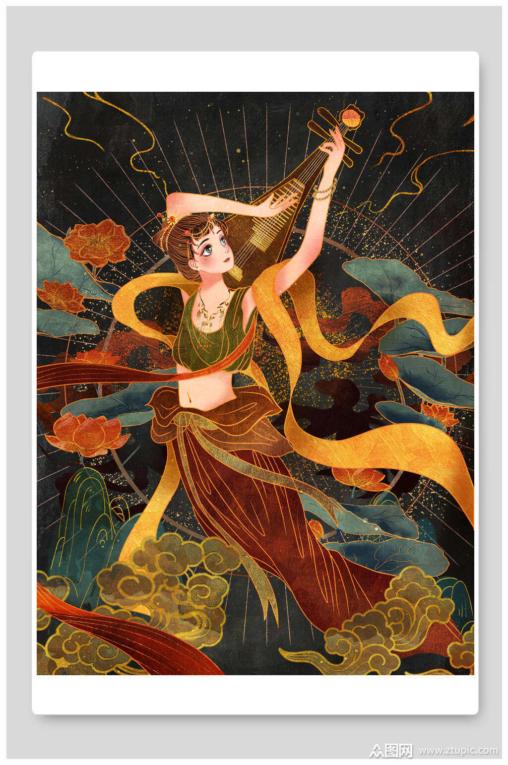 素雅高端手绘敦煌壁画飞天插画海报素材