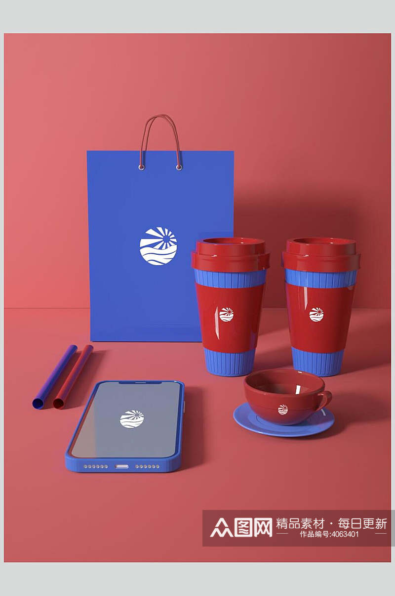 红色大气手机马克杯礼盒展示VI样机素材
