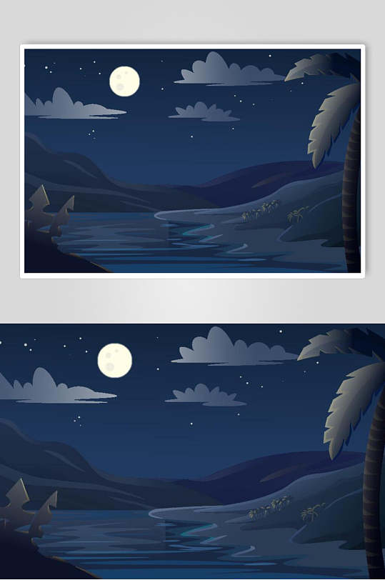 月光蓝色高端创意大气手绘风景插画
