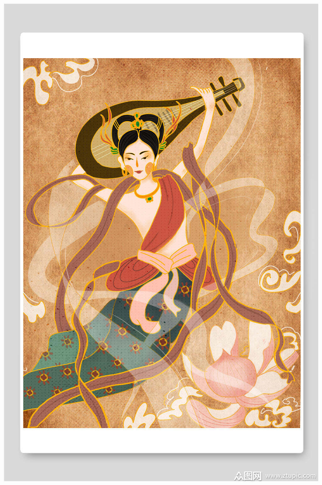 唯美黄色清新敦煌壁画飞天插画海报