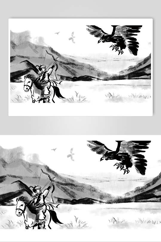 黑白色武侠水墨人物中国风手绘插画