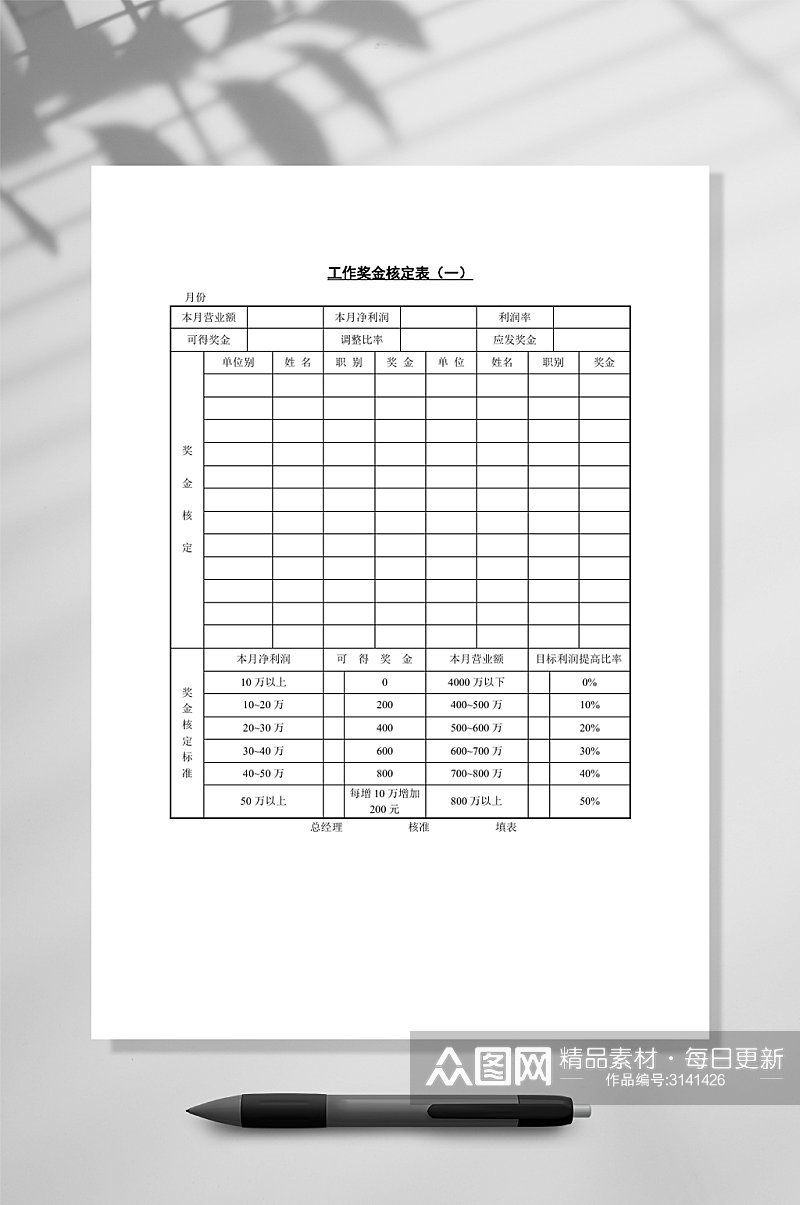 工作奖金核定工资表WORD素材