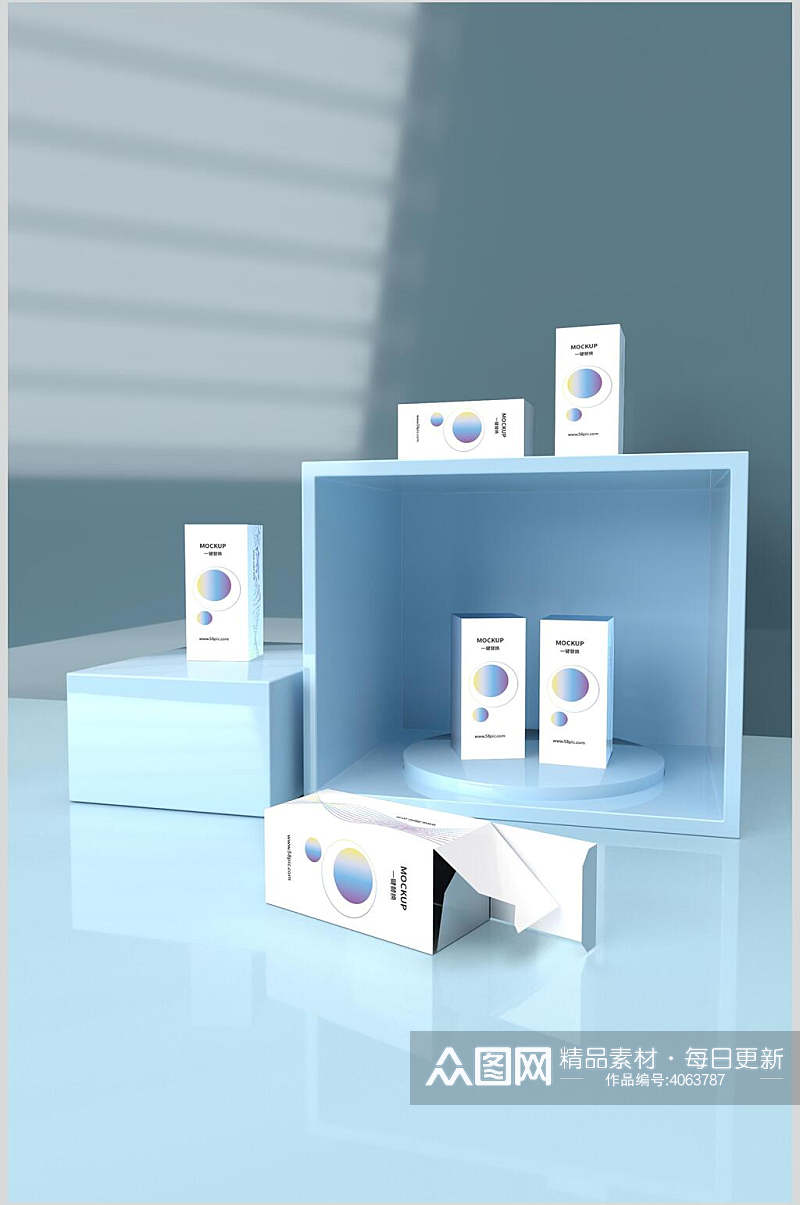 时尚立体蓝色创意礼盒展示VI样机素材
