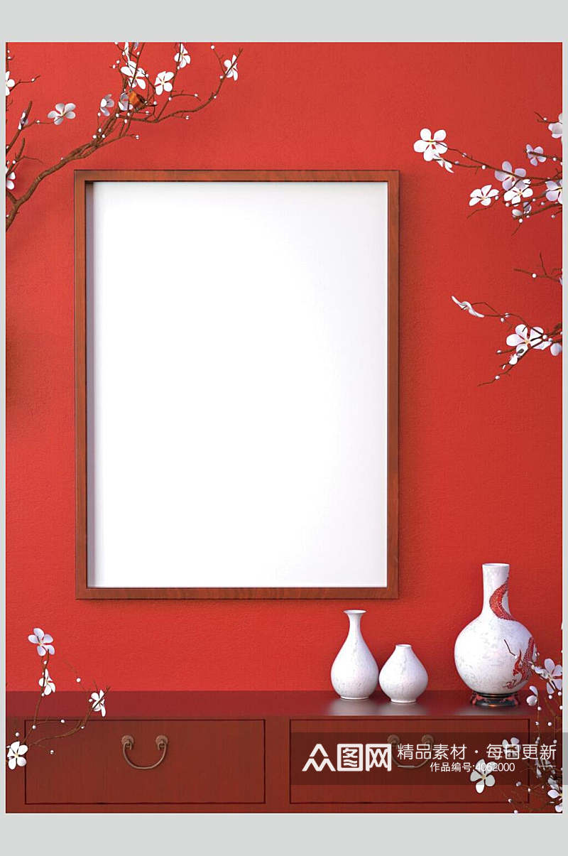红色梅花中式家具装饰画样机素材
